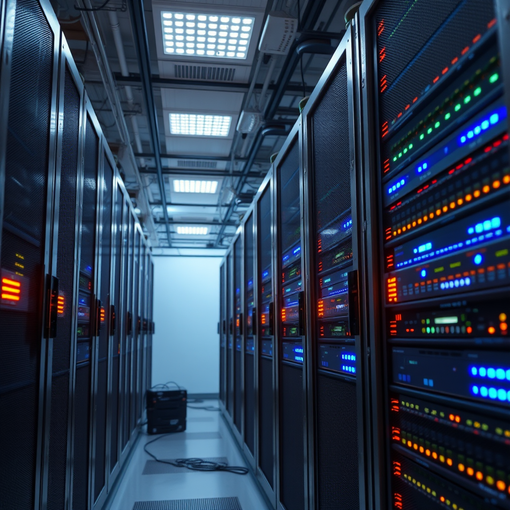 Modern cloud server infrastructure with multiple servers in a high-tech data center environment, featuring glowing LED indicators and network connections