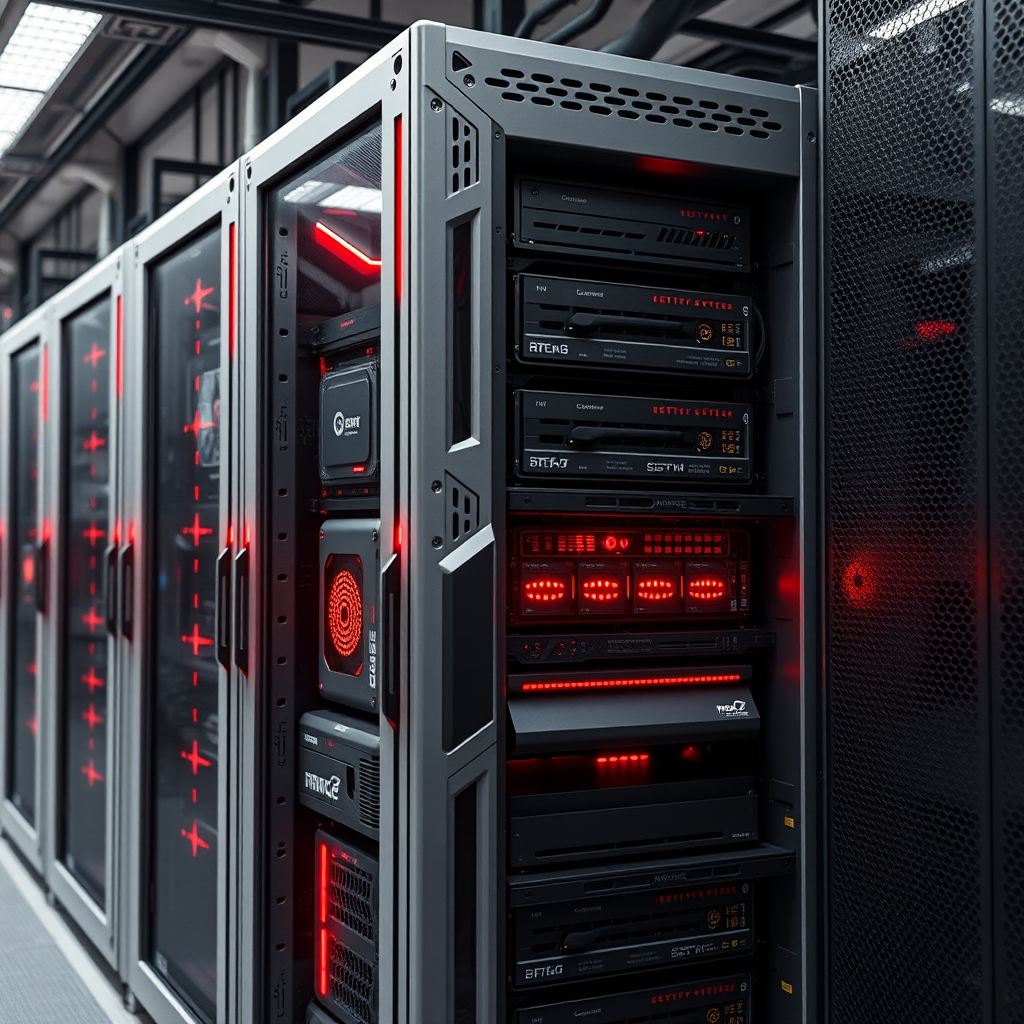 Modern gaming server rack with next-generation processors and high-speed storage solutions, featuring red LED indicators and advanced cooling systems in a professional data center environment