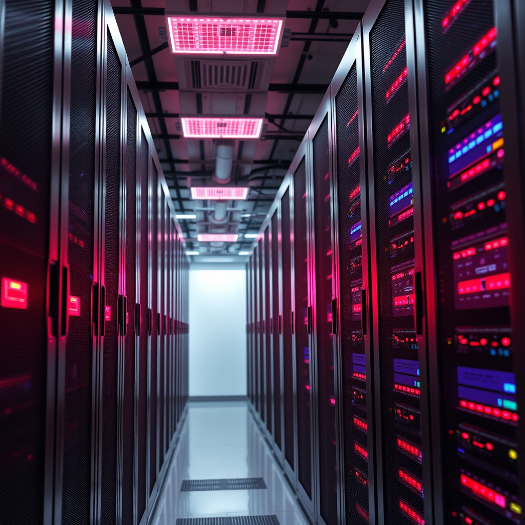 Modern data center servers with red and pink LED lighting showing SHQPE's enterprise-grade hosting infrastructure for small and medium businesses
