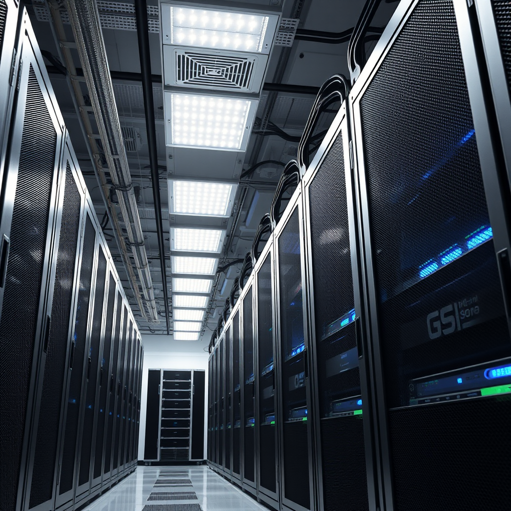 Modern gaming server infrastructure with multiple high-performance servers in a data center, featuring LED lighting and advanced cooling systems