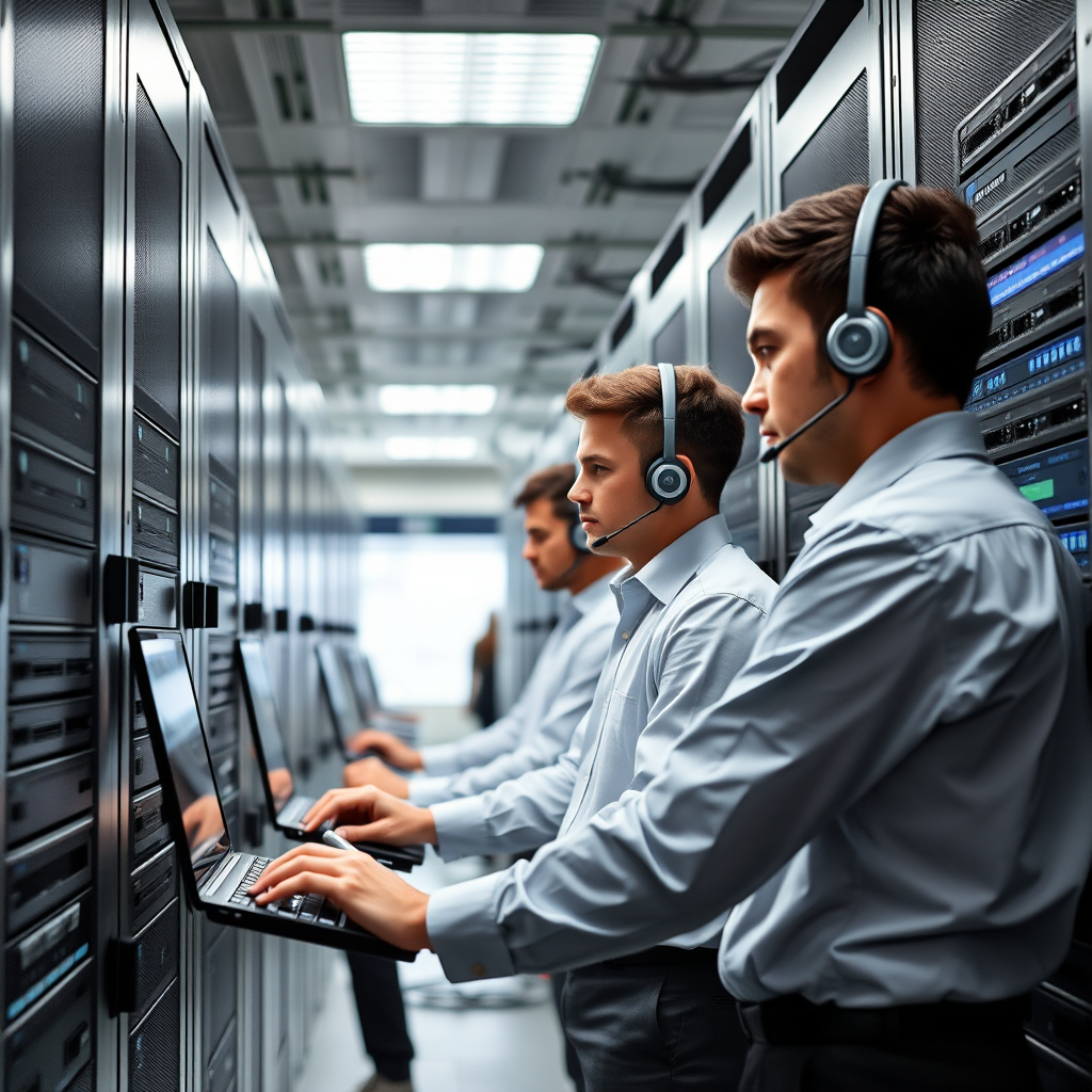 Professional IT support team working on servers and network infrastructure in a modern data center