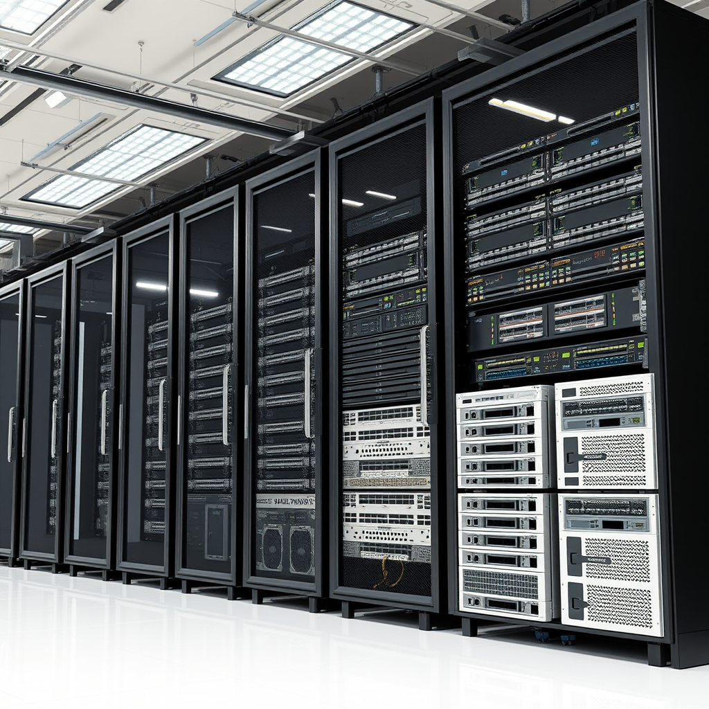Modern data center with servers and backup infrastructure showing redundant storage systems and network equipment