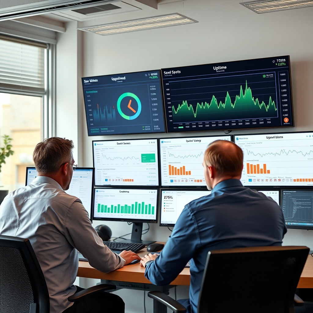 Business team reviewing hosting performance metrics on multiple monitors showing improved website speed and uptime statistics