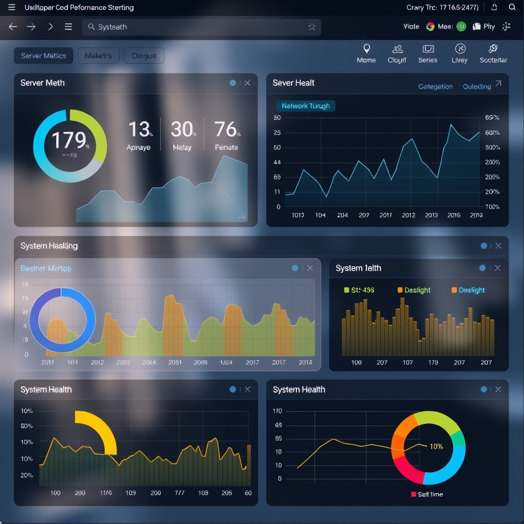 Real-time performance monitoring dashboard showing server metrics, network throughput, and system health indicators for cloud hosting infrastructure