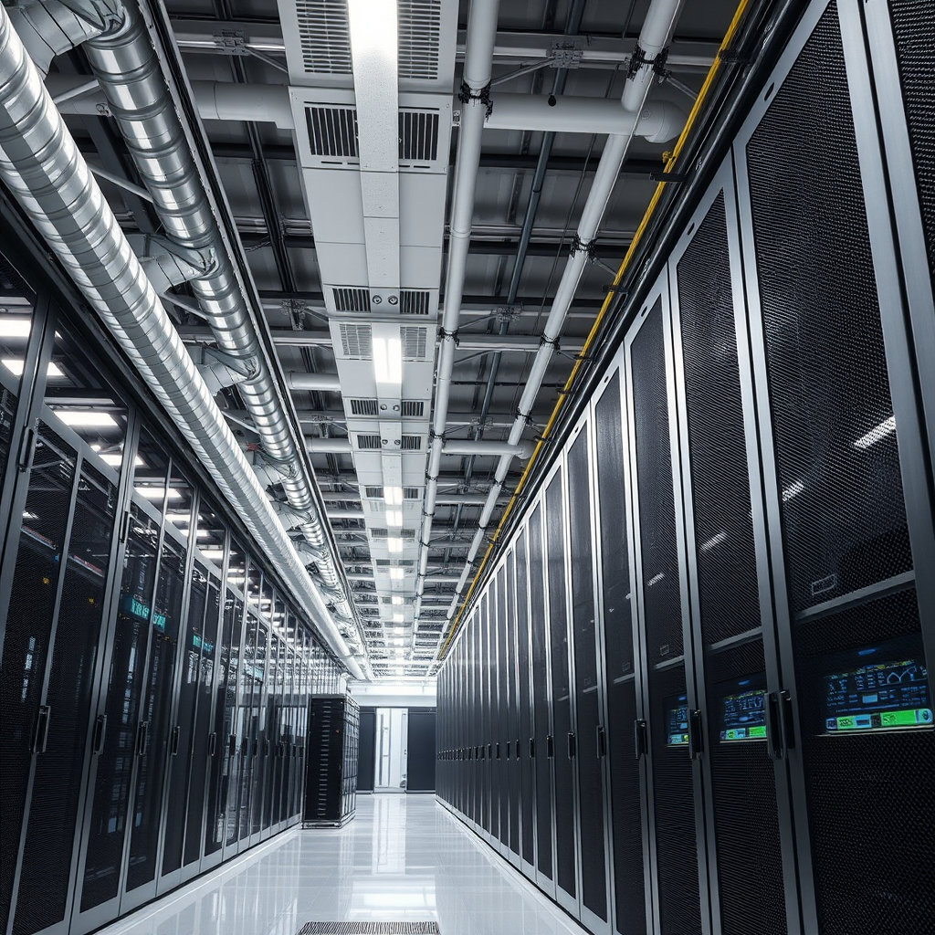 Modern data center facility in Singapore with advanced cooling systems, server racks, and high-tech infrastructure showcasing SHQPE's cloud hosting capabilities