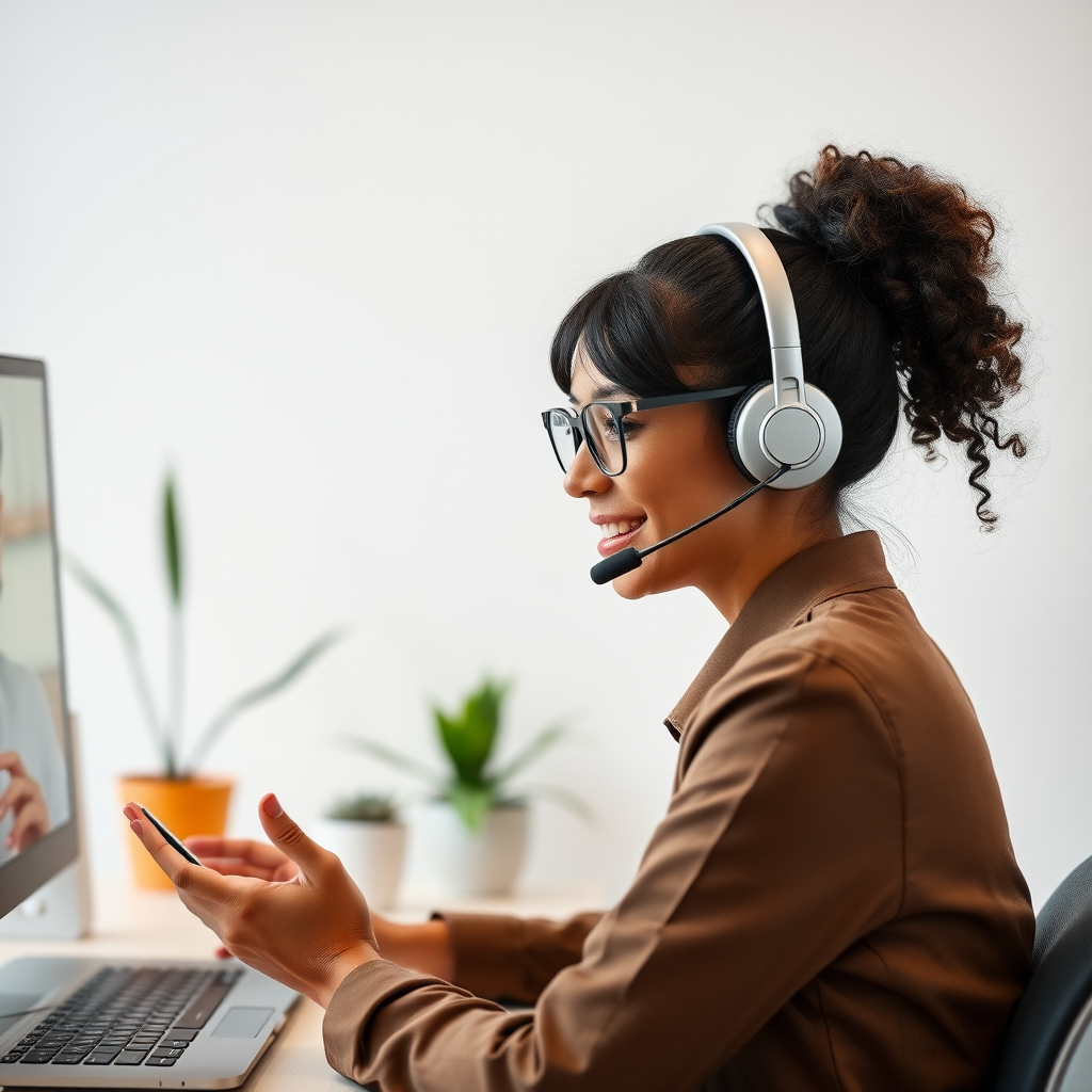 Customer support representative providing 24/7 technical assistance to SME clients via video call and chat support