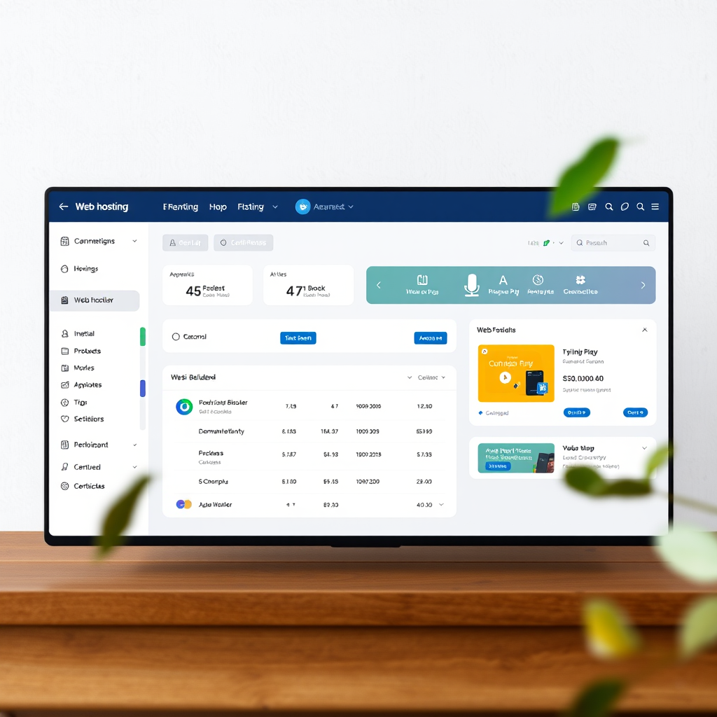 Professional web hosting dashboard showing domain management, SSL certificates, and website builder tools with modern interface design