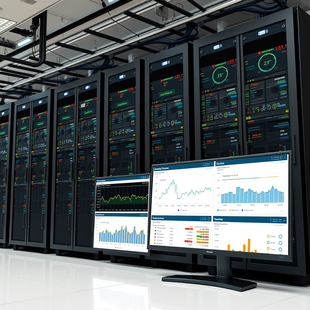 High-performance server infrastructure with monitoring dashboards showing uptime statistics and performance metrics