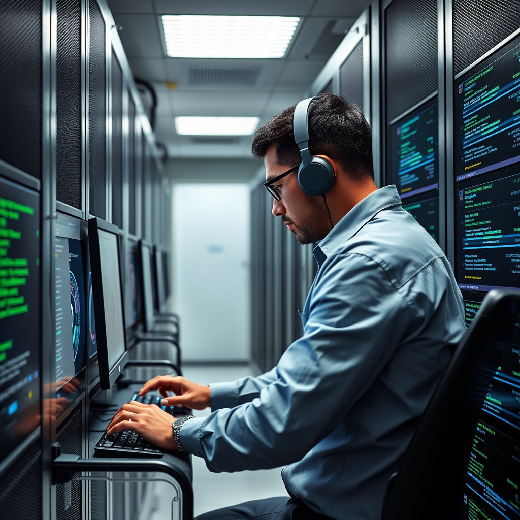 Cybersecurity specialist implementing security updates and patches on multiple computer systems in a secure data center