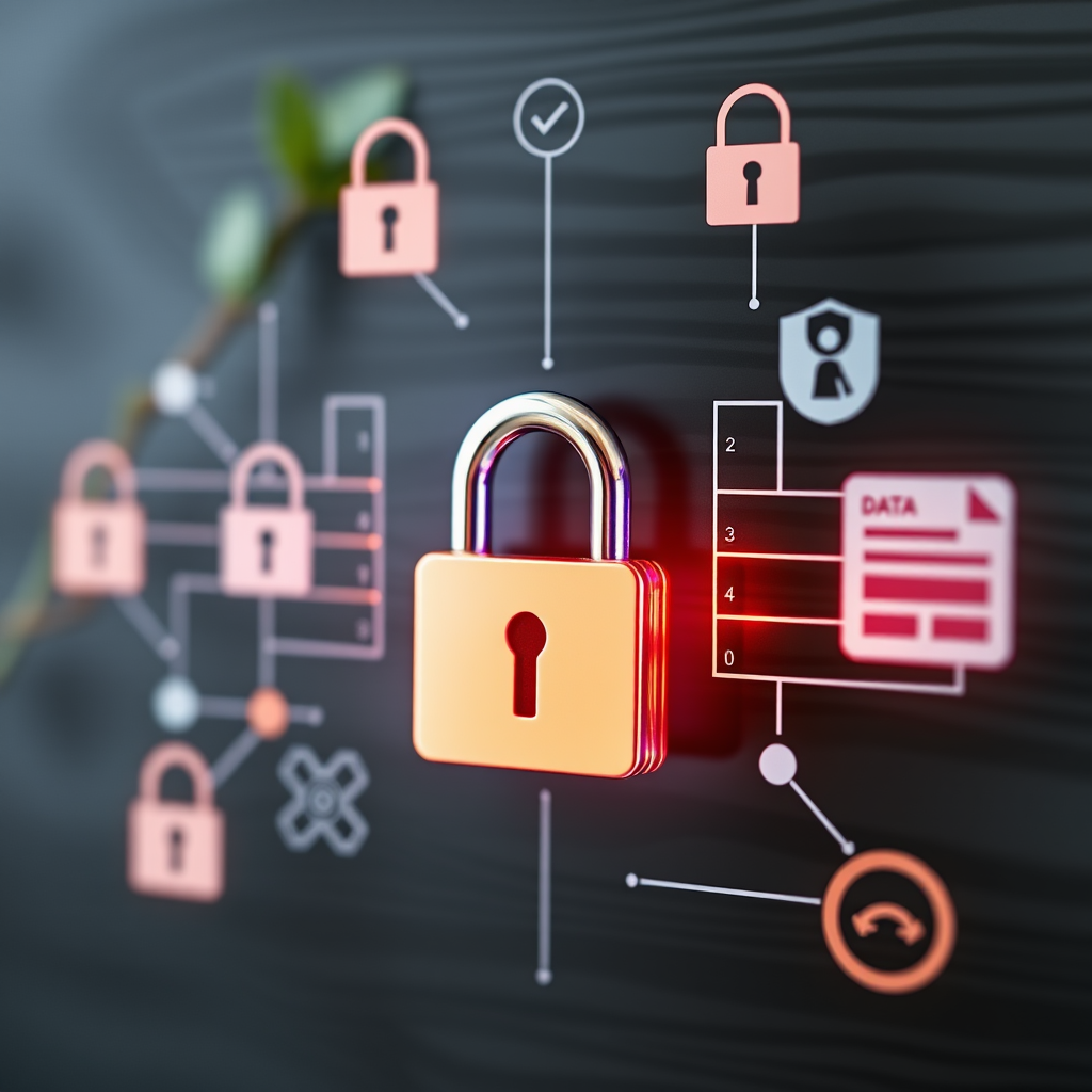 Secure encrypted storage visualization with lock icons, data encryption symbols, and security certificates