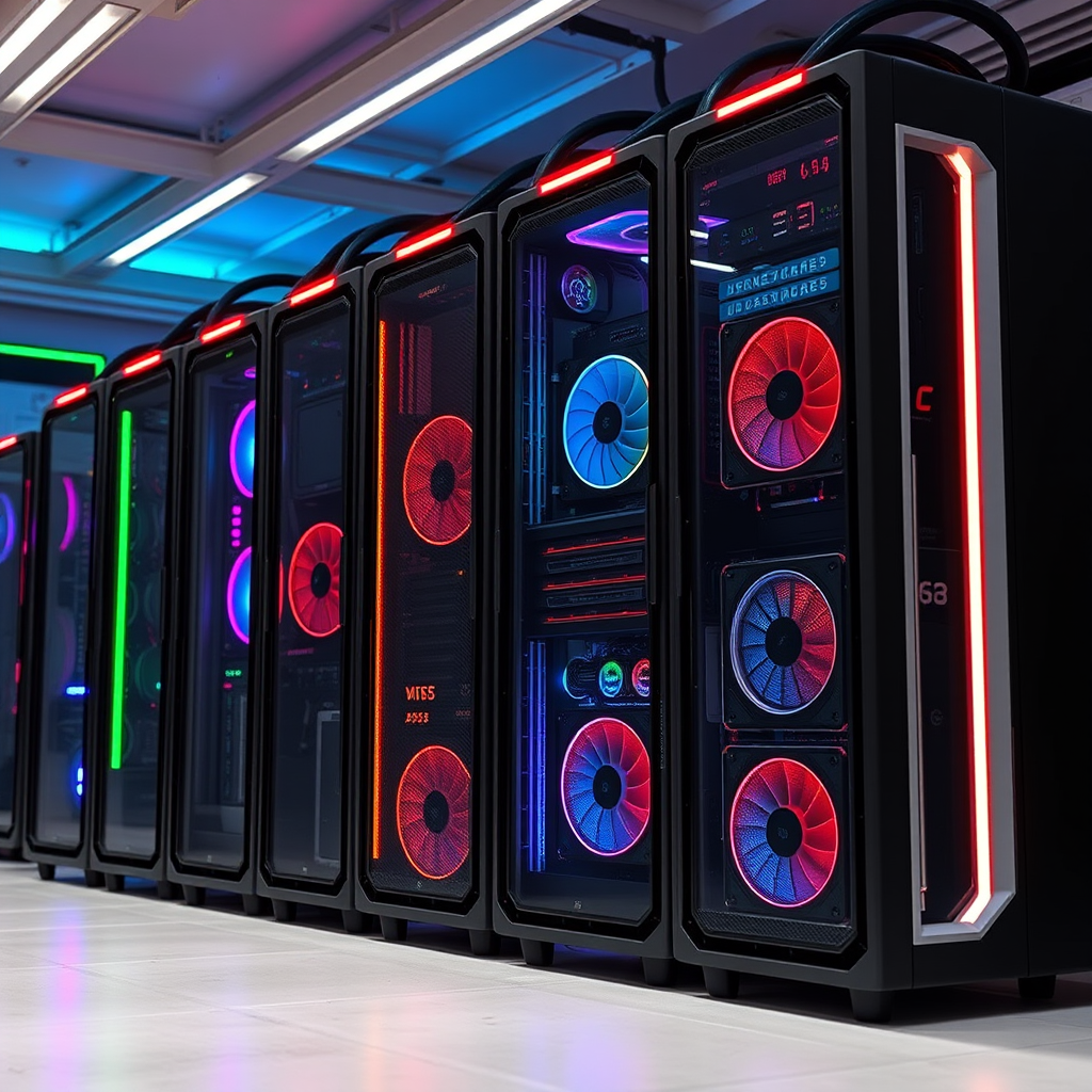 High-performance gaming servers with RGB lighting, advanced processors, and high-speed storage solutions in a modern server room environment