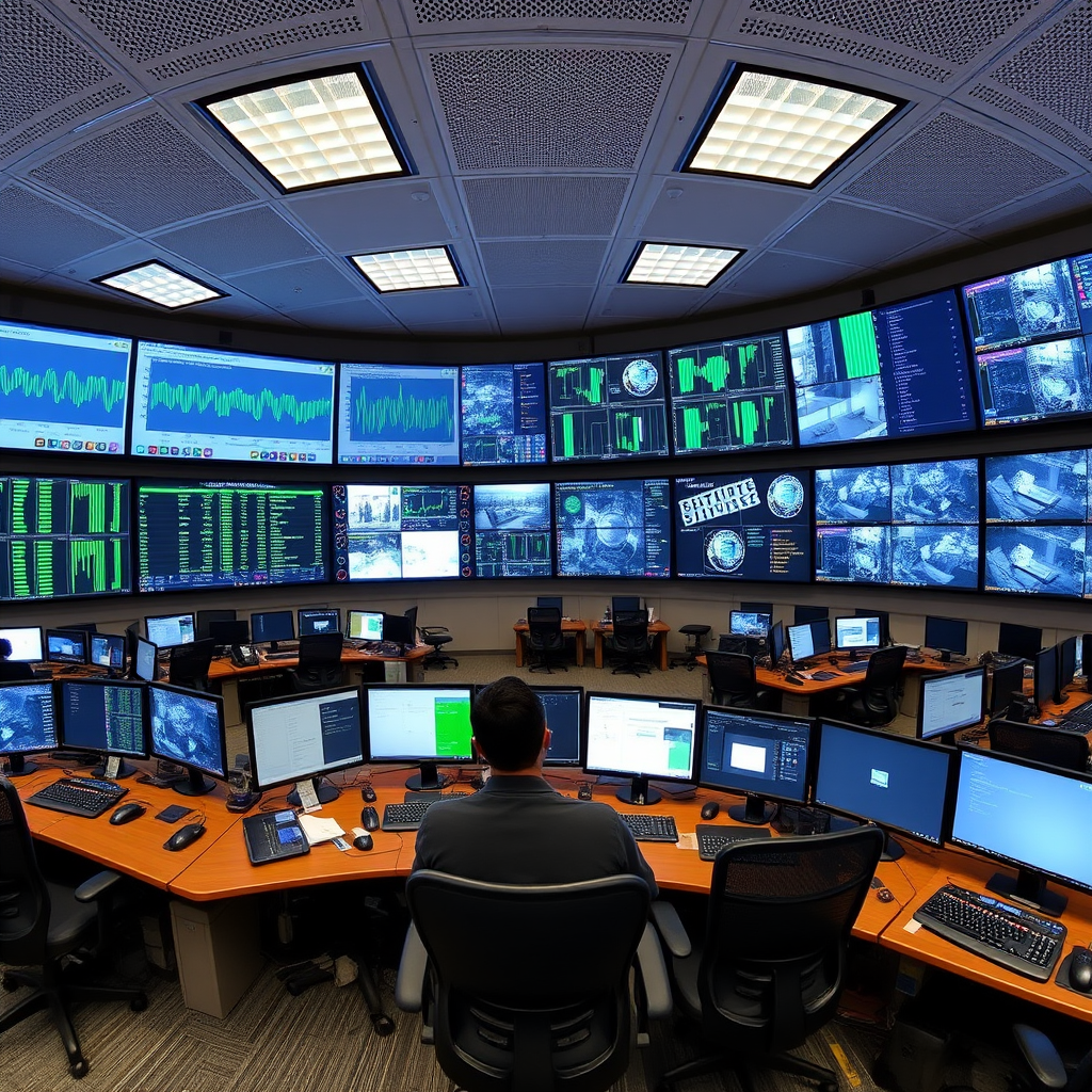 Panoramic view of SHQPE Singapore data center control room with multiple monitoring screens displaying network performance metrics, server status, and security feeds