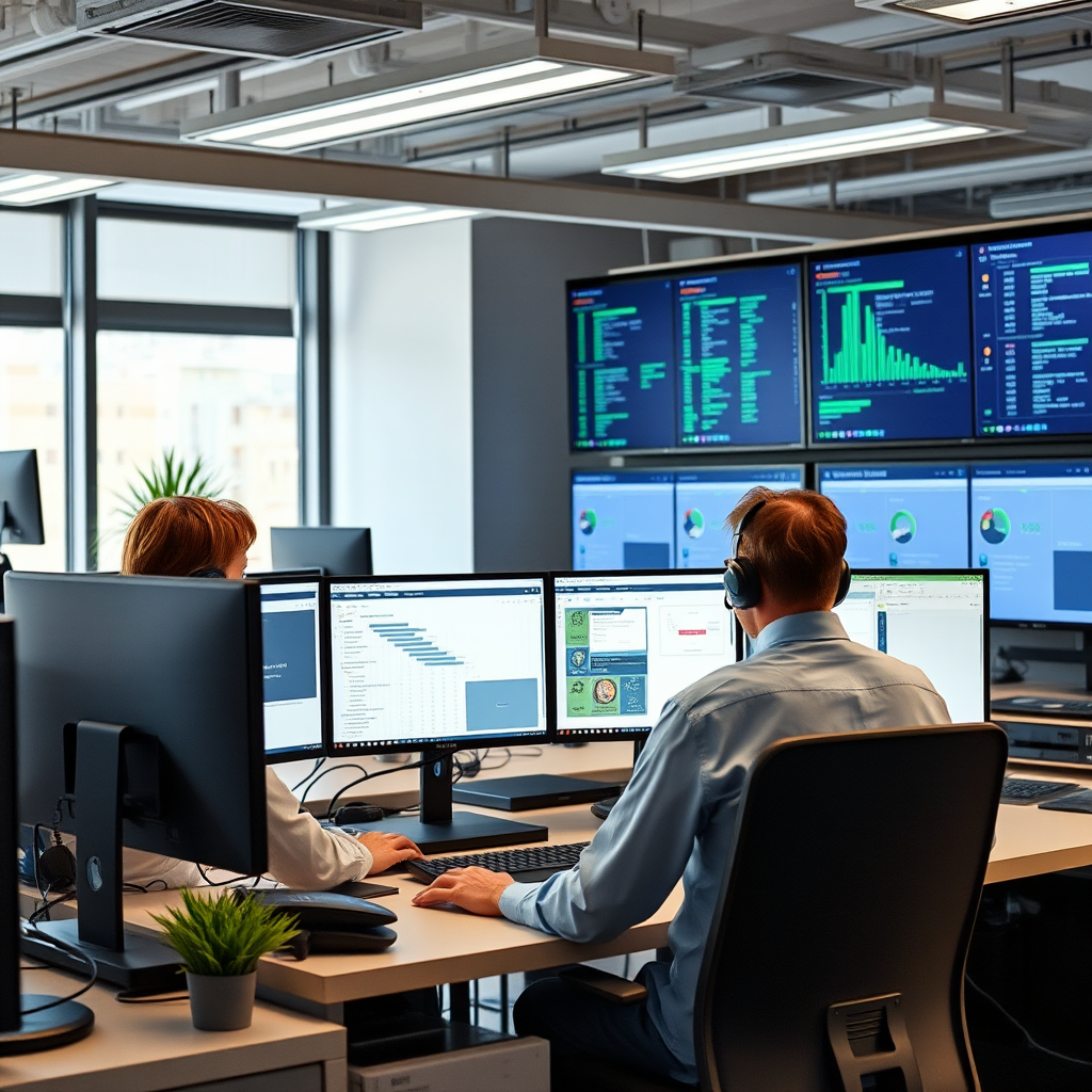 IT support team working with multiple computer screens, server monitoring dashboards, and technical equipment in a modern office environment