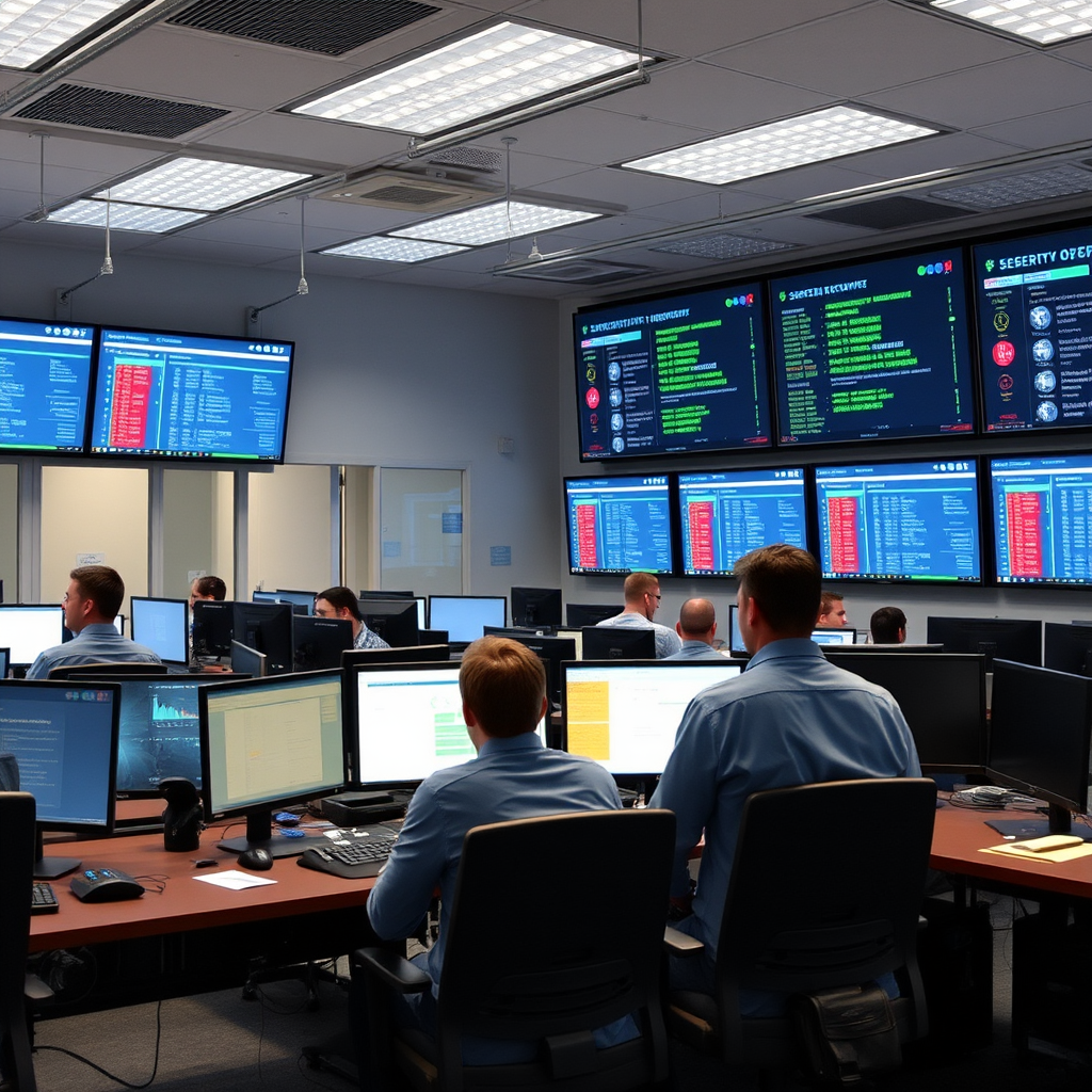 Professional disaster recovery center with multiple workstations, monitoring screens showing system status, and technical staff coordinating recovery operations