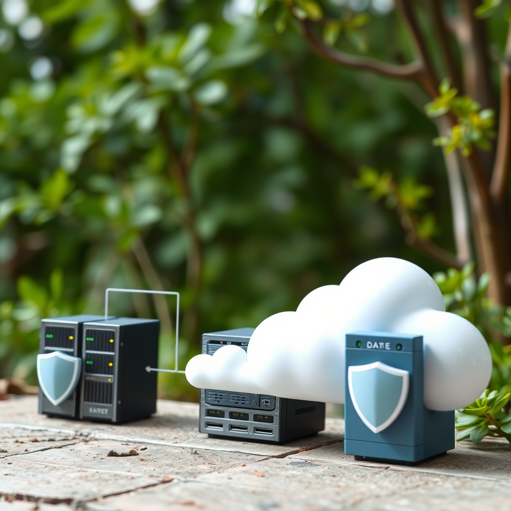 Secure data backup visualization with encrypted storage systems, multiple server locations, and disaster recovery infrastructure with security shields